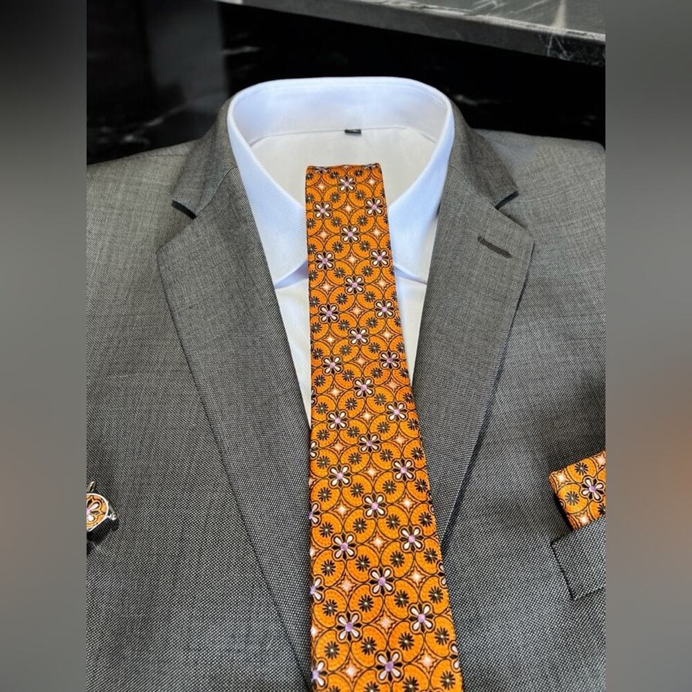 Men’s 3 Piece Floral Tie Set Orange Tie Pocket Square Cufflinks 57.5”x3.25”
